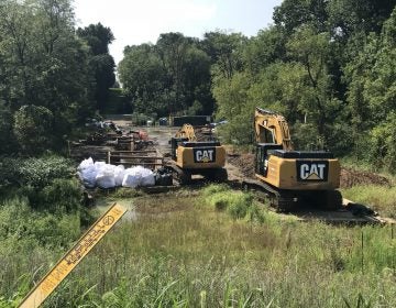 Energy Transfer, the parent company of Mariner East 2 pipeline builder, Sunoco, works at Snitz Creek in West Cornwall Township, Lebanon County after a drilling mud spill during the summer. (Marie Cusick/StateImpact Pennsylvania)