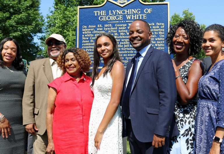 Savannah Shepherd (center) poses with members of the Delaware Legislative Black Caucus in front of The Lynching of George White Historical Marker after it was unveiled at Greenbank Park on June 23. Pictured are (from left) Rep. Melissa Minor-Brown, Rep. Frank Cooke, Rep. Stephanie T. Bolden, Shepherd, Sen. Darius Brown, Rep. Kendra Johnson, and Sen. Elizabeth “Tizzy” Lockman (Scott Goss/Delaware Senate Majority Caucus) 