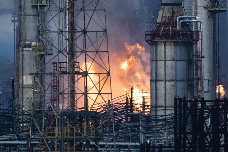 Flames and smoke emerge from the Philadelphia Energy Solutions Refining Complex in Philadelphia, Friday, June 21, 2019. (Matt Rourke/AP Photo)