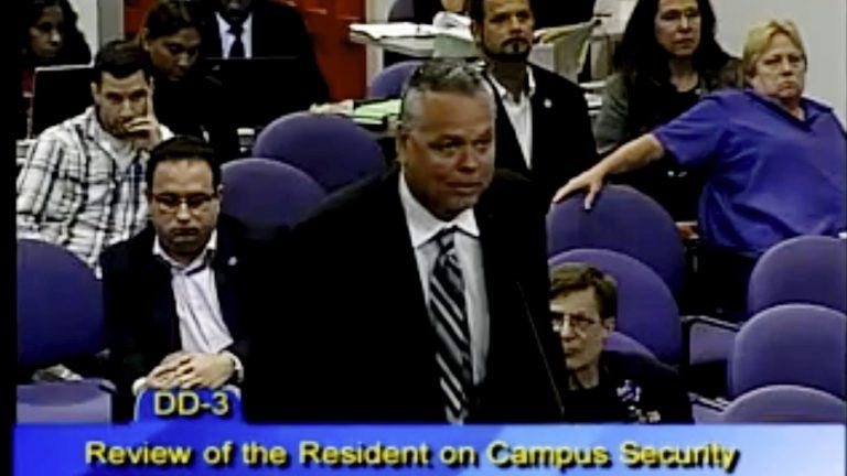In this 2015 photo, then-school resource officer Scot Peterson spoke at a school board meeting of Broward County in Florida. Peterson was arrested on Tuesday and faces 11 charges in the wake of the Marjory Stoneman Douglas High School shooting. In this 2015 photo, then-school resource officer Scot Peterson spoke at a school board meeting of Broward County in Florida. Peterson was arrested on Tuesday and faces 11 charges in the wake of the Marjory Stoneman Douglas High School shooting. (Broward County Public Schools via AP)