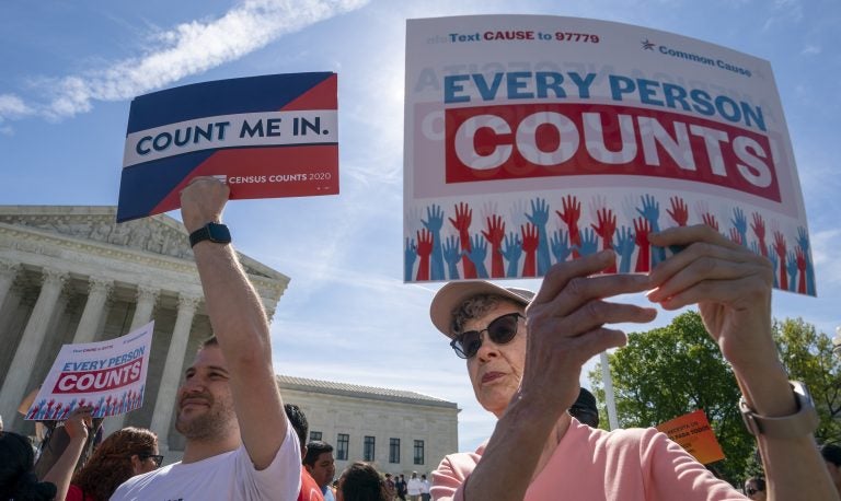 Demonstrators rally outside the Supreme Court in April as the justices hear arguments over the Trump administration’s plan to add a citizenship question to 2020 census forms. Demonstrators rally outside the Supreme Court in April as the justices hear arguments over the Trump administration's plan to add a citizenship question to 2020 census forms.
(J. Scott Applewhite/AP)