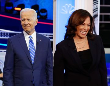 Former Vice President Joe Biden and Sen. Kamala Harris, D-Calif. stand on the stage before the start of a Democratic primary debate, Thursday, June 27, 2019, in Miami.  (Alberto E. Tamargo/Sipa USA/Sipa via AP Images and Wilfredo Lee/AP Photo)