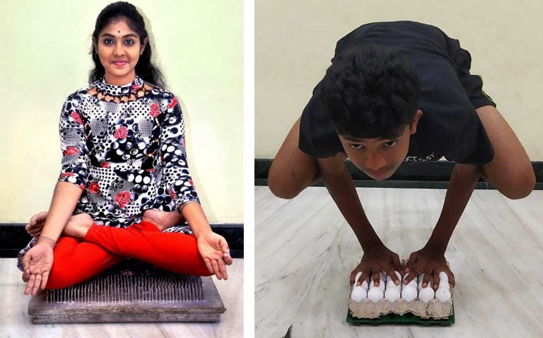 She nailed it! Uttrasree Ilango, 17, can hold lotus pose on a bed of 2,209 nails for an hour. Her younger brother Dheepak, 14, can hold crow pose without cracking an egg. (K.Ilango)