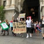 Protesters gathered at city hall opposing the city's smoking ban in inpatient addiction treatment facilities (Nina Feldman/WHYY)