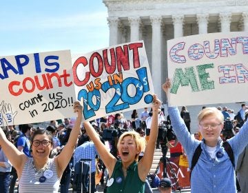 Demonstrators rally outside the U.S. Supreme Court in Washington, D.C., in April to protest the Trump administration's plan to add a citizenship question to forms for the 2020 census.