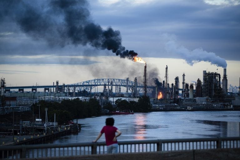 Flames and smoke emerge from the Philadelphia Energy Solutions Refining Complex in Philadelphia, Friday, June 21, 2019. (AP Photo/Matt Rourke)