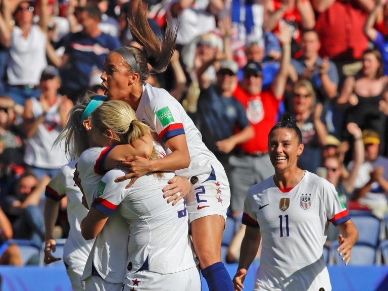 U.S. players celebrate after teammate Julie Ertz scored their side's second goal during the Women's World Cup Group F soccer match between United States and Chile at Parc des Princes in Paris, France on Sunday. (Alessandra Tarantino/AP Photo)