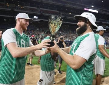 Carson Wentz and Jason Kelce at the second annual AO1 Charity Softball Game
(Brian Garfinkel/AO1 Foundation)