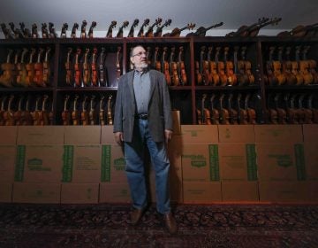 Singer-songwriter and session musician David Bromberg stands in front of a portion of his collection of violins. (Saquan Stimpson for WHYY)