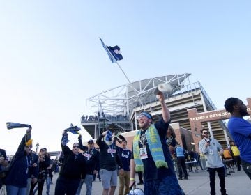 Erick Jusino, of Philadelphia leads a chant on the bullhorn at the Philadelphia Union home game against FC Dallas at Talen Energy Stadium, in Chester, Pennsylvania, on April 6, 2019. (Bastiaan Slabbers for WHYY)