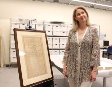 Holly Kinyon, a descendent of John Witherspoon, recently purchased a first printing of the Declaration of Independence and has loaned it to the Museum of the American Revolution. (Emma Lee/WHYY)