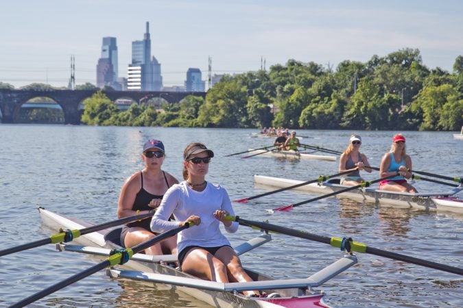 Girls 19 years old and under participate in the Mid-Atlantic U.S. Olympic Development Program program on the Schuylkill in Philadelphia. (Kimberly Paynter/WHYY)