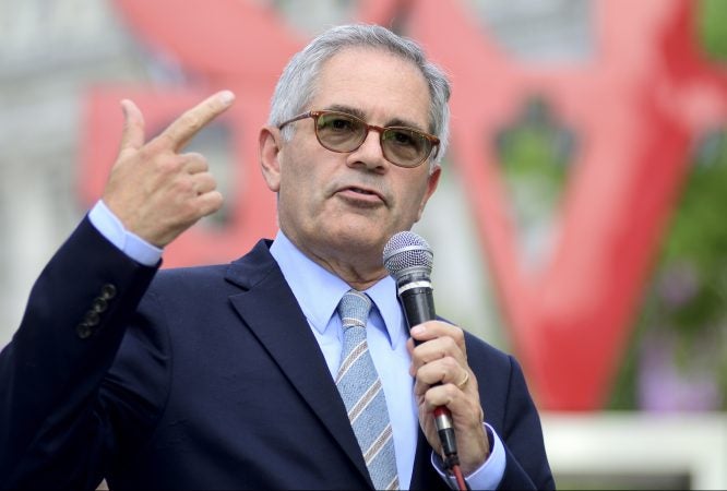 District Attorney Larry Krasner speaks at a Stand 4 Peace anti gun-violence rally in Love park, on July 2, 2019. (Bastiaan Slabbers for WHYY)