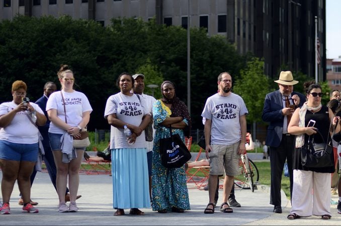 People listen to the speakers at the Stand 4 Peace anti gun-violence rally in Love park, on Tuesday. (Bastiaan Slabbers for WHYY)