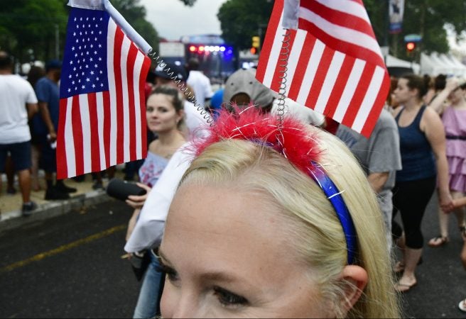 Brittany Pierson, of Dallas TX, visiting Philadelphia together with friends from Orange County CA to celebrate the nations birthday. (Bastiaan Slabbers for WHYY)