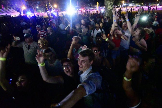 The Parkway crowd responding to Meghan Trainor performing Dancing Queen by ABBA. (Bastiaan Slabbers for WHYY)