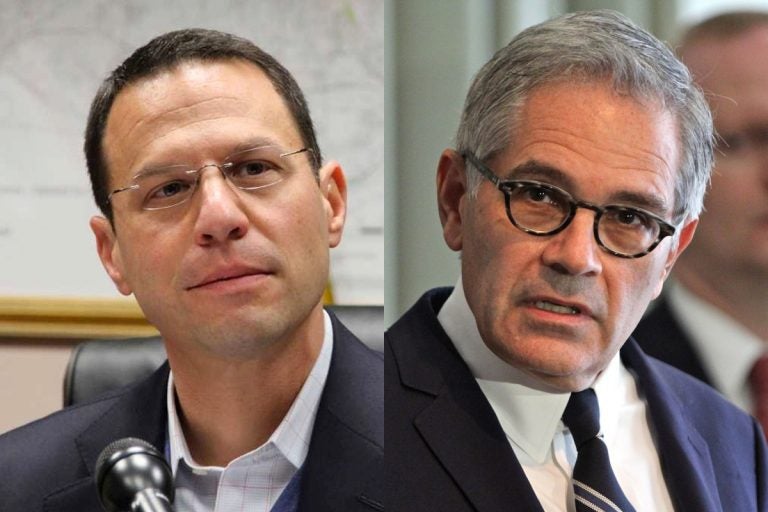 Pennsylvania Attorney General Josh Shapiro (left) and Philadelphia District Attorney Larry Krasner. (Emma Lee/WHYY)