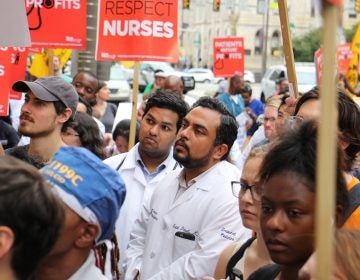 Drexel doctors join a protest outside Hahnemann Hospital on July 11, 2019. (Emma Lee/WHYY)