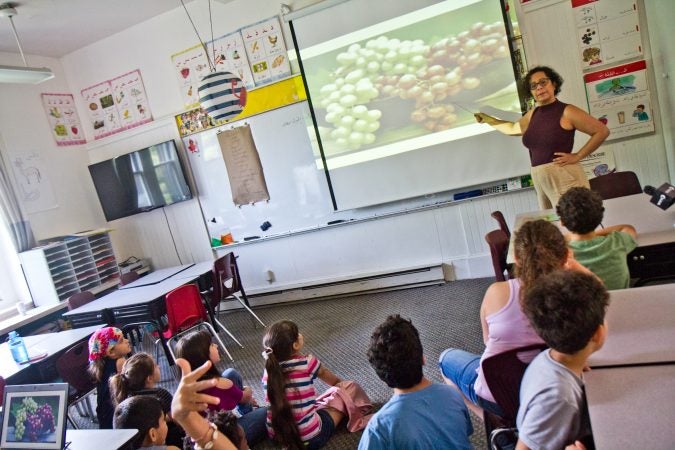 Arabic teacher Farnaz Perry drills food words with Al-Bustan campers. (Kimberly Paynter/WHYY)
