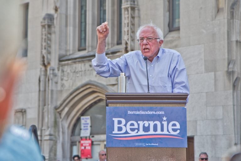 Democratic presidential candidate Bernie Sanders speaks at a rally to save Hahnemann Hospital in Philadelphia. He called for reform to the U.S. healthcare system. (Kimberly Paynter/WHYY)