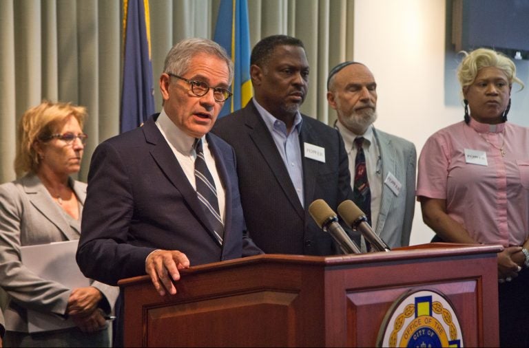 Philadelphia District Attorney Larry Krasner held a press conference with faith leaders arguing that the Pa. death penalty is unconstitutional. (Kimberly Paynter/WHYY)