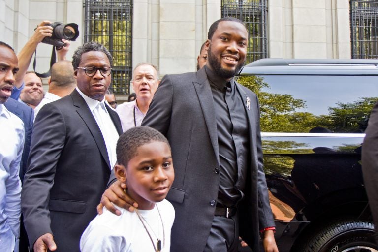 Rapper Robert Rihmeek Williams “Meek Mill” with his son, Rihmeek Williams. Mill appeared in Superior Court Tuesday. His lawyers are arguing for a retrial. (Kimberly Paynter/WHYY)