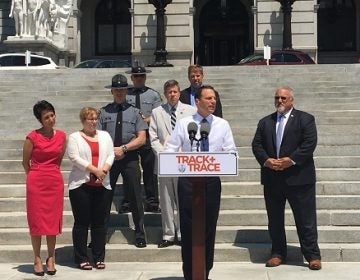 Shapiro and supporters of his Track and Trace initiative on the state Capitol steps Thursday. (Katie Meyer/WITF)