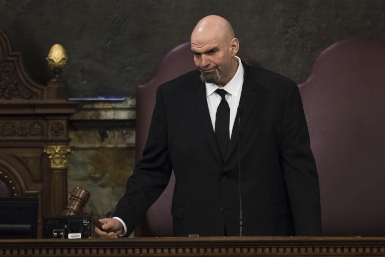 Lt. Gov. John Fetterman gavels in a joint session of the Pennsylvania House and Senate before Democratic Gov. Tom Wolf delivers his budget address for the 2019-20 fiscal year, Harrisburg, Pa., Tuesday, Feb. 5, 2019. (Matt Rourke/AP Photo)