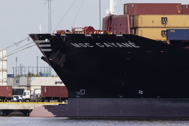 The MSC Gayane is moored at the Packer Marine Terminal in Philadelphia, Monday, June 24, 2019. Detention hearings are scheduled Monday in Philadelphia for six crew members of the Swiss-owned container ship following the seizure of more than 35,000 pounds, or more than 15,800 kilograms, of cocaine. (Matt Rourke/AP Photo)