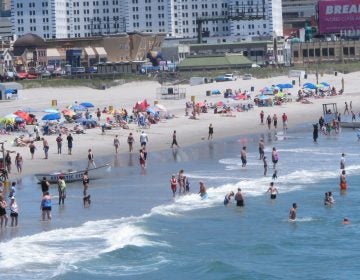 Aerial view of beachgoers on the shoreline of Atlantic City, N.J.