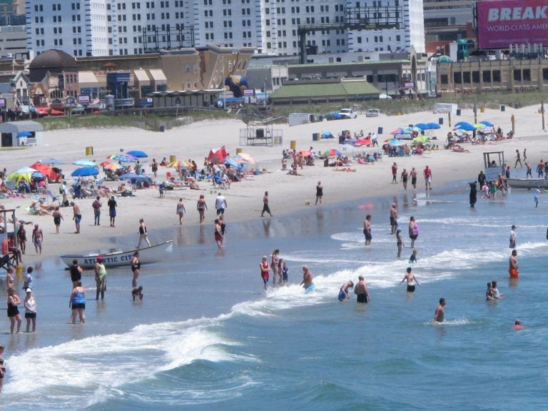 Aerial view of beachgoers on the shoreline of Atlantic City, N.J.