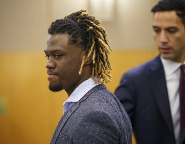 Philadelphia Phillies baseball player Odubel Herrera arrives at court for a hearing on a domestic violence case in Atlantic City, N.J., Wednesday, July 3, 2019. (Jessica Griffin/The Philadelphia Inquirer via AP, Pool)