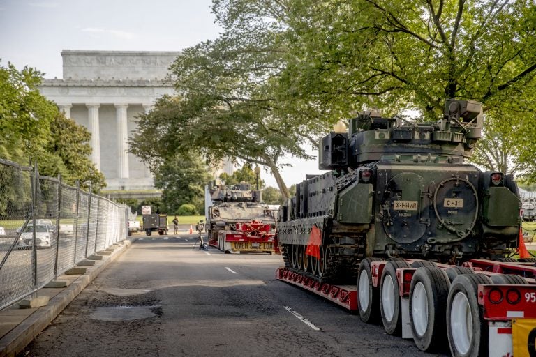 Two Bradley Fighting Vehicles are parked nearby the Lincoln Memorial for President Donald Trump's 'Salute to America' event honoring service branches on Independence Day, Tuesday, July 2, 2019, in Washington. (Andrew Harnik/AP Photo)