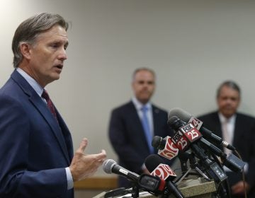 Oklahoma Attorney General Mike Hunter speaks to the media at a news conference following closing arguments in Oklahoma's ongoing opioid drug lawsuit against Johnson & Johnson Monday, July 15, 2019, in Norman, Okla. (Sue Ogrocki/AP Photo)