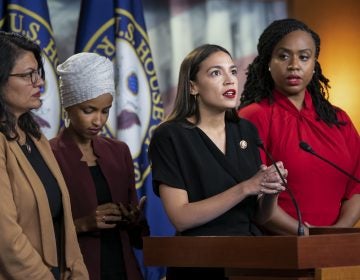 From left, Rep. Rashida Tlaib, D-Mich., Rep. Ilhan Omar, D-Minn., Rep. Alexandria Ocasio-Cortez, D-N.Y., and Rep. Ayanna Pressley, D-Mass., respond to remarks by President Donald Trump after his call for the four Democratic congresswomen to go back to their 