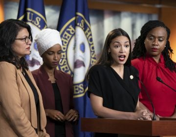U.S. Rep. Alexandria Ocasio-Cortez, D-N.Y., speaks as, from left, Rep. Rashida Tlaib, D-Mich., Rep. Ilhan Omar, D-Minn., and Rep. Ayanna Pressley, D-Mass., listen during a news conference at the Capitol in Washington, Monday, July 15, 2019. (J. Scott Applewhite/AP Photo)