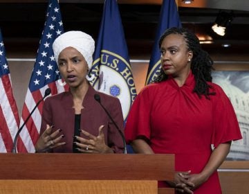 In this Monday, July 15, 2019, file photo, U.S. Rep. Ilhan Omar, D-Minn, (second from left), speaks, as U.S. Reps., (from left), Rashida Tlaib, D-Mich.,Ayanna Pressley, D-Mass., and Alexandria Ocasio-Cortez, D-N.Y., listen, during a news conference at the Capitol in Washington. (J. Scott Applewhite/AP Photo)