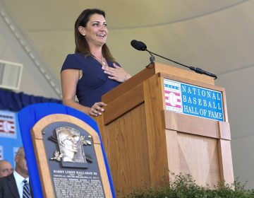 Brandy Halladay, widow of Roy Halladay, speaks as he is inducted posthumously into the National Baseball Hall of Fame during an induction ceremony at the Clark Sports Center on Sunday, July 21, 2019, in Cooperstown, N.Y. (Hans Pennink/AP Photo)