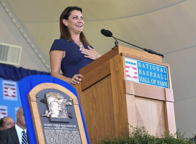 Brandy Halladay, widow of Roy Halladay, speaks as he is inducted posthumously into the National Baseball Hall of Fame during an induction ceremony at the Clark Sports Center on Sunday, July 21, 2019, in Cooperstown, N.Y. (Hans Pennink/AP Photo)