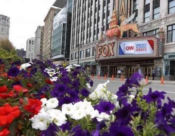 The Fox Theatre displays signs for the Democratic presidential debates in Detroit, Monday, July 29, 2019. The second scheduled debate will be hosted by CNN on July 30 and 31. (Paul Sancya/AP Photo)