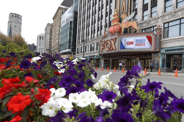 The Fox Theatre displays signs for the Democratic presidential debates in Detroit, Monday, July 29, 2019. The second scheduled debate will be hosted by CNN on July 30 and 31. (Paul Sancya/AP Photo)