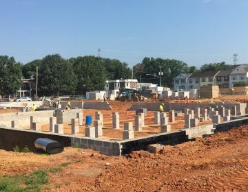 Construction work on the foundations of phase three of The Flats redevelopment is well underway in Wilmington. (Mark Eichmann/WHYY)