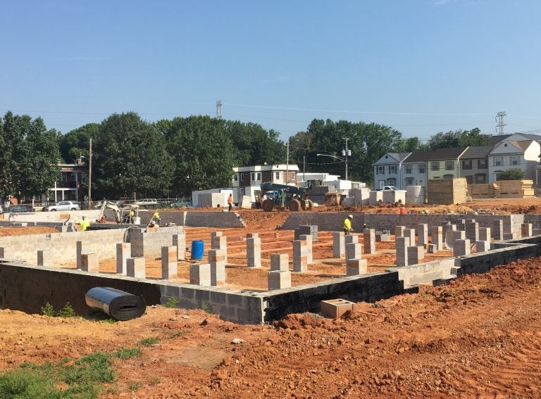 Construction work on the foundations of phase three of The Flats redevelopment is well underway in Wilmington. (Mark Eichmann/WHYY)