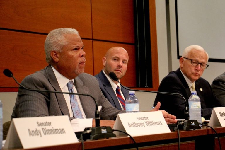 Pennsylvania state Sen. Anthony Williams questions a witness during a hearing on the PES refinery fire at the University of Pennsylvania. (Emma Lee/WHYY)