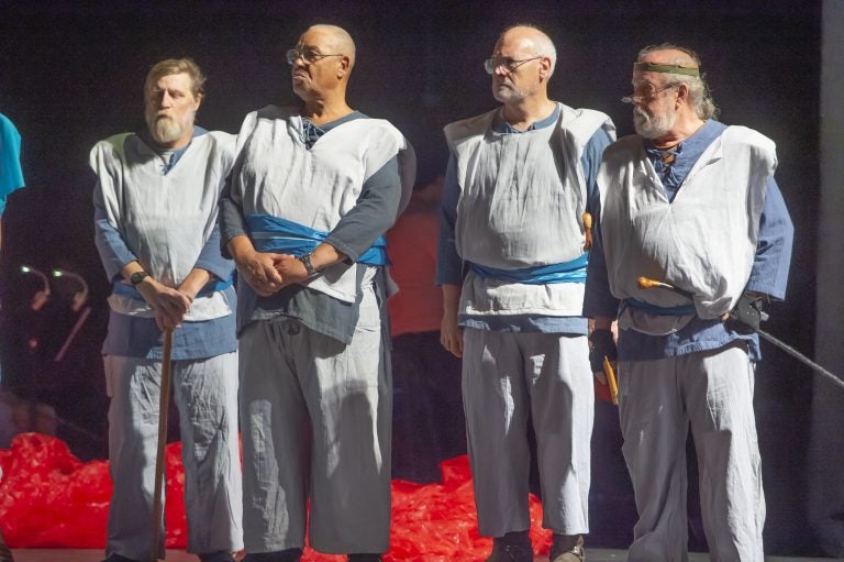 Four veterans portray soldiers in the Shakespeare in Clark Park production of King Lear; (from left) Nelson Hawthorne, Floyd Crump Jr., Sheldon Rich and John Kearney. (Jonathan Wilson for WHYY)