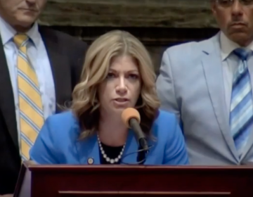 Pa. Sen. Katie Muth reading a letter from a homeless man on the Senate floor in Harrisburg. (Youtube/CBS Pittsburgh)