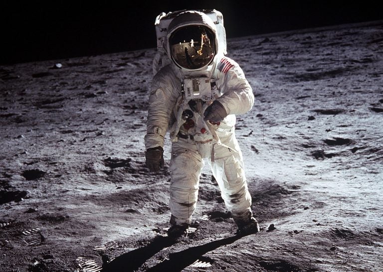 (July 20, 1969) Astronaut Buzz Aldrin, walks on the surface of the Moon during the Apollo 11 extravehicular activity. Astronaut Neil A. Armstrong took this photograph with a 70mm lunar surface camera.