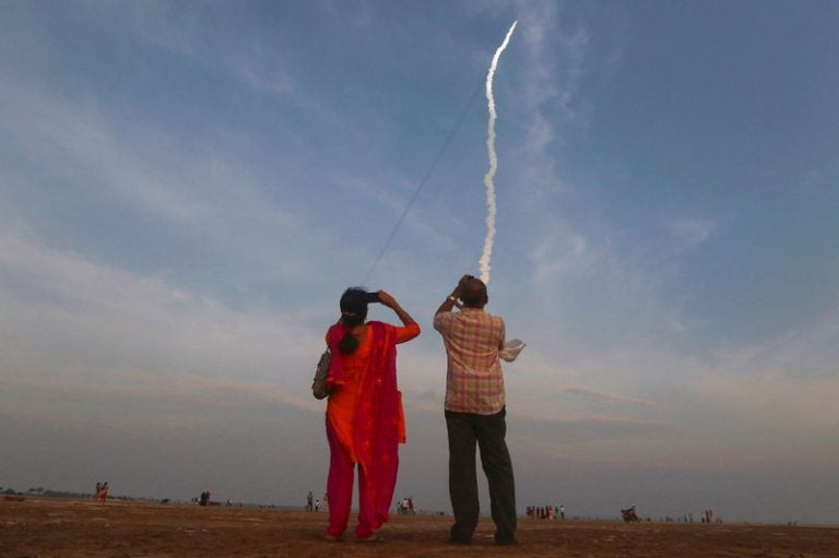 An Indian heavy rocket lifts off from Satish Dhawan Space Centre in Sriharikota. The same site will launch India's latest lunar mission, Chandrayaan-2, early next week. (R. Parthibhan/AP Photo)