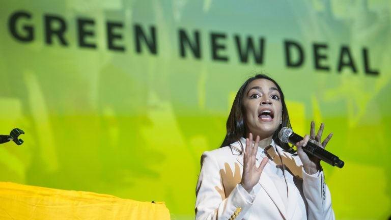 Rep. Alexandria Ocasio-Cortez speaks about the Green New Deal in Washington, D.C., on May 13. She has shined a spotlight on a once-obscure brand of economics known as 