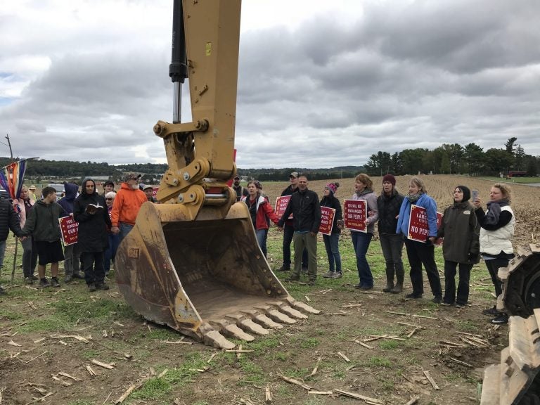 Protesters blocked pipeline construction equipment on the property of The Adorers of the Blood of Christ, an order of Catholic nuns, in Lancaster County last year. (Marie Cusick/StateImpact Pennsylvania)